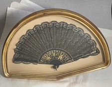 Spanish BLACK LACE FAN w/Gold painted Cut-out Sticks in Deep Shadowbox Frame