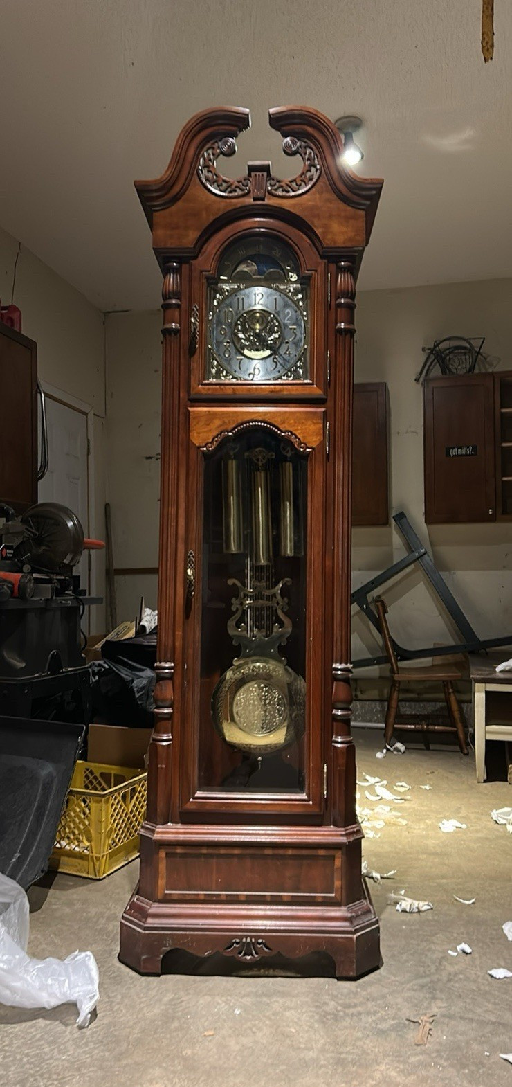 Howard Miller Brown Wood Grandfather Clock Moon Dial Chimes Arabic Numerals