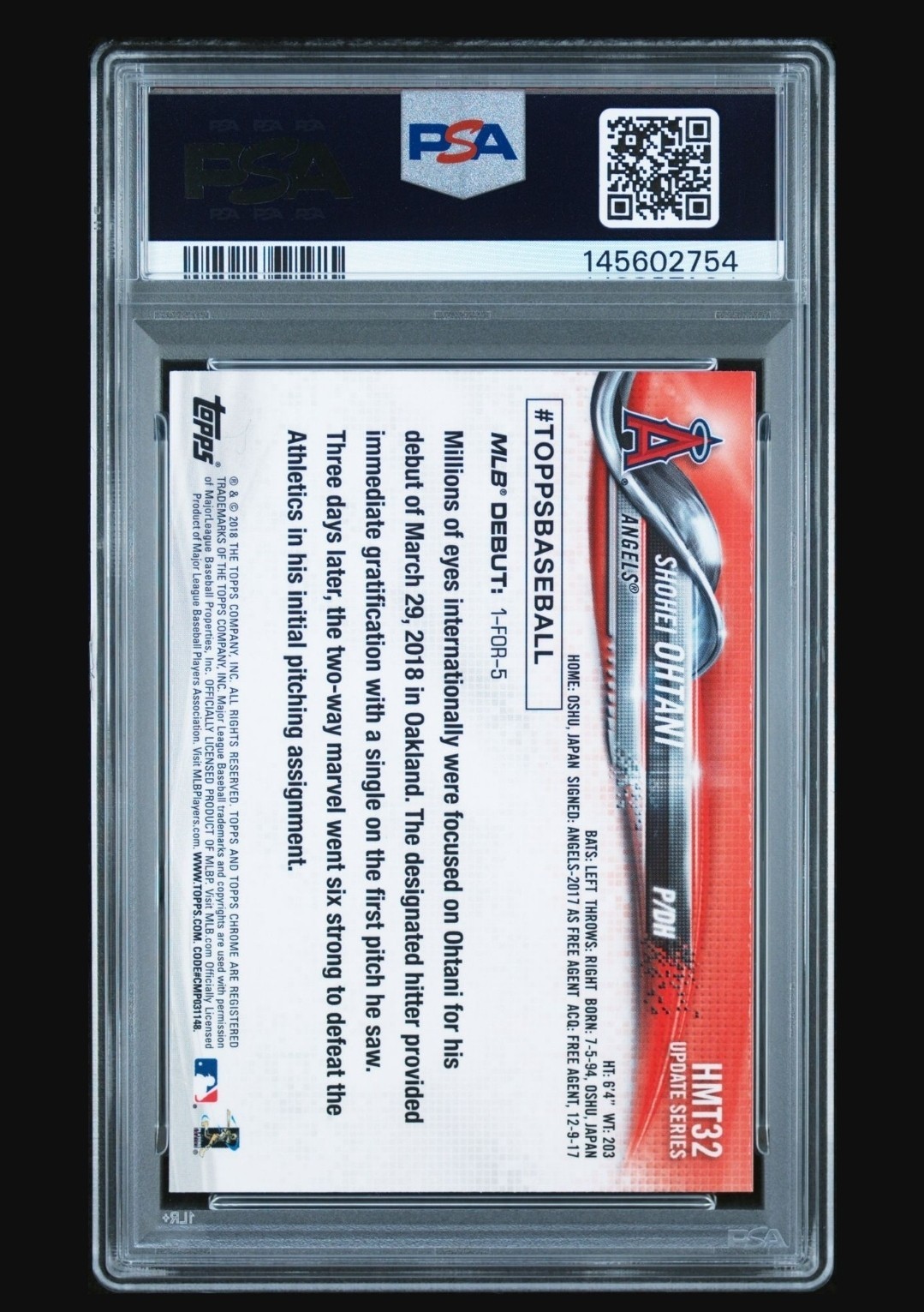 2018 Topps Chrome Update Shohei Ohtani HMT32 Graded PSA 10 Mint Rookie Card view 2