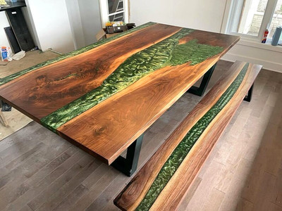 Live Edge Walnut River Dining Table   Green Epoxy Resin Wood Tabletop   Custom