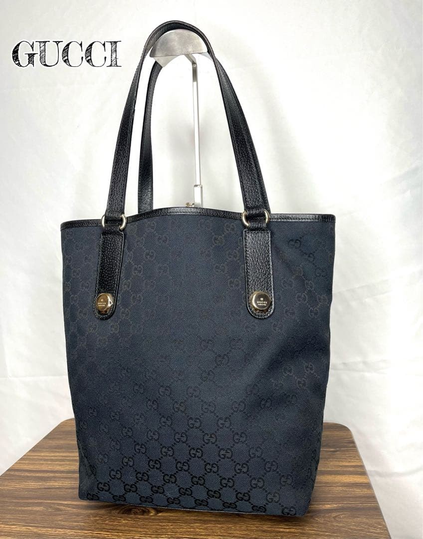 GUCCI GG Canvas Tote Bag Leather Black Authentic Designer Shoulder Purse