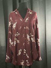 Candies Womens Blouse Small Burgundy Floral Button Front V Neck Long Sleeve