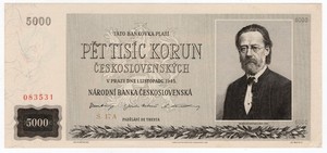 CZECHOSLOVAKIA P-75 5000 Korun 1945 High Grade Rare