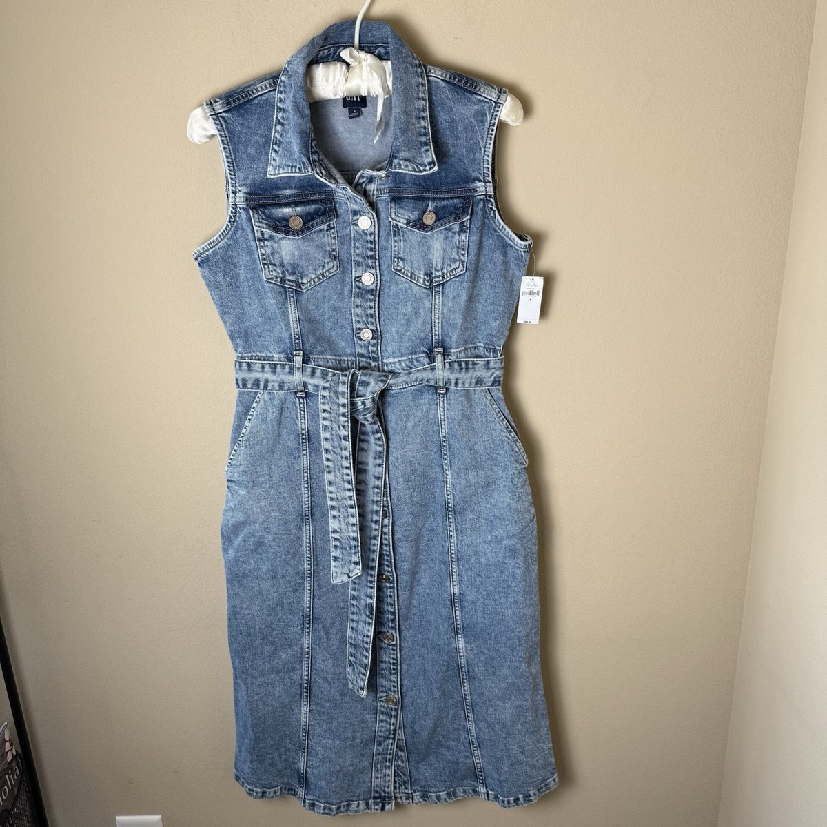 NWT Gap Denim Midi Dress Womens 6 Light Wash Button Down Belted Sleeveless  NEW