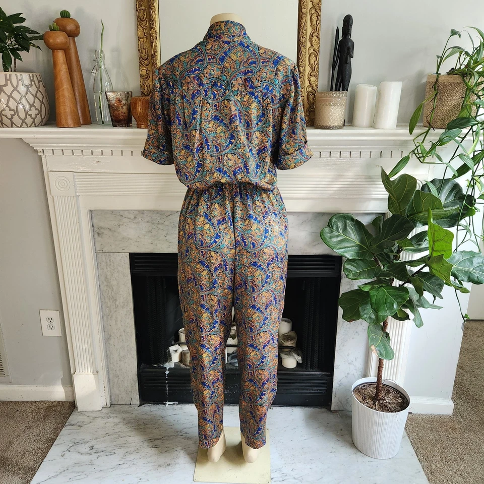 Mono Vintage Años 80 Azul Paisley Marrón Satinado Suelto Retro Talla Pequeña Foto 4 de 4