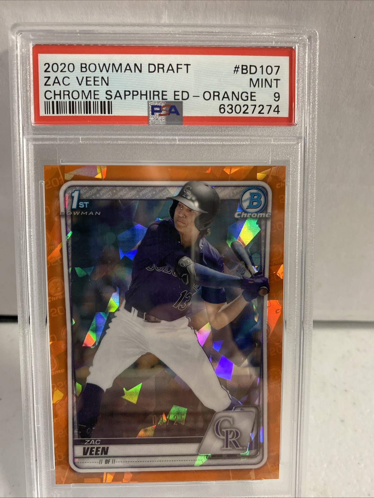 Zac Veen 2020 Bowman Draft Orange Sapphire PSA 9 /25