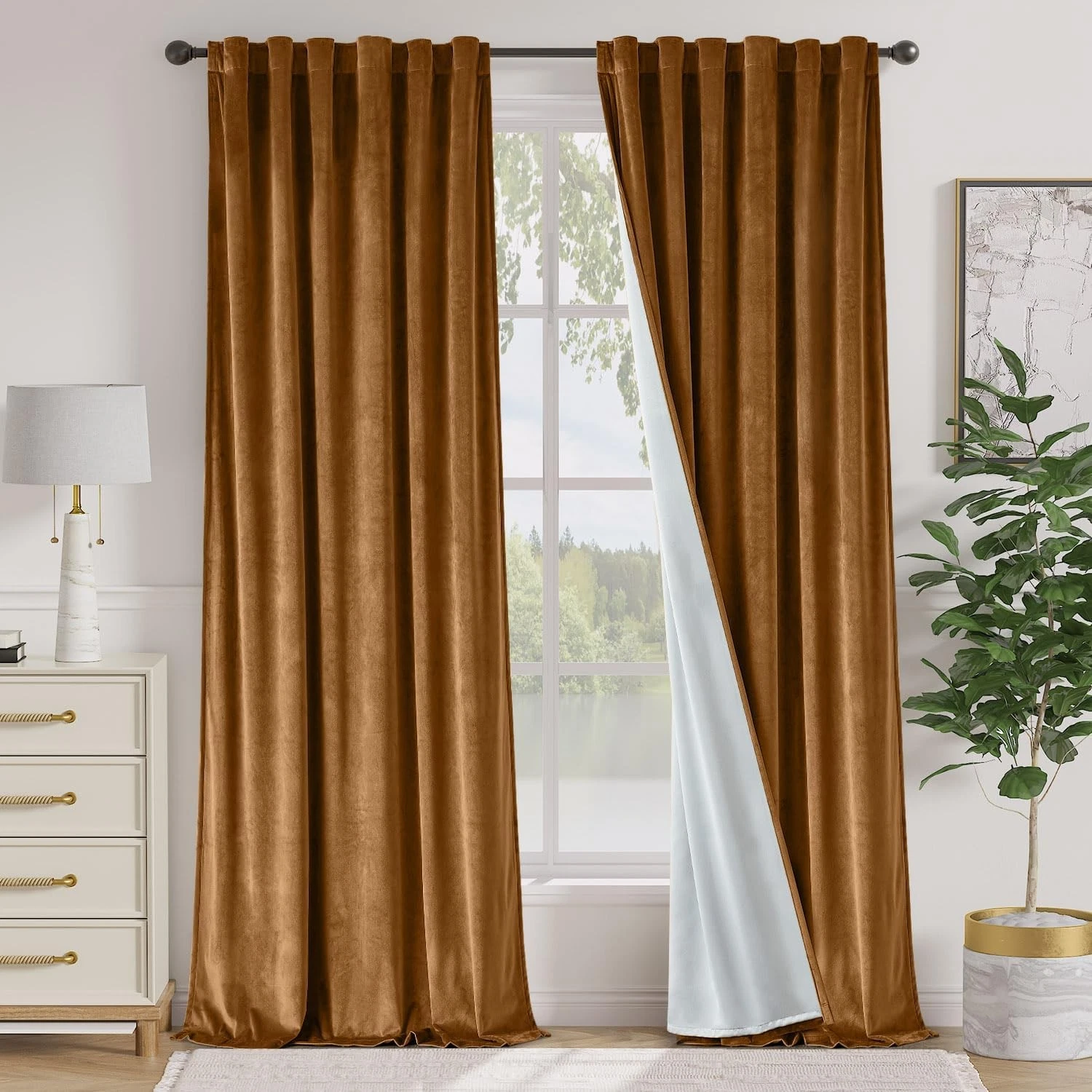 Gold Brown Blackout Velvet Curtains 84 Inch Long Thermal Insulated Room