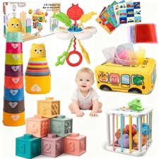 Montessori Toys Set for Babies 0-6 Years, Silicone Pull String Toy, Stacking Blo