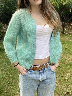 Vintage 50s 60s Hand knit S Mohair Fuzzy Cardigan Sweater Blue