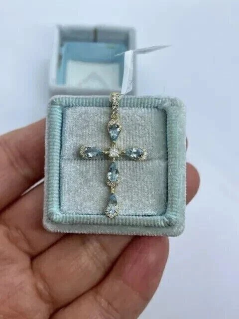 925 Silver Pear Cut Simulated Aquamarine Cross Pendant In 14k Yellow Gold Plated - Image 3 of 4