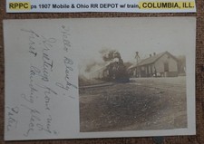 RPPC ps 1907 Mobile & Ohio RR DEPOT w/ train, COLUMBIA, ILL. REAL PHOTO POSTCARD