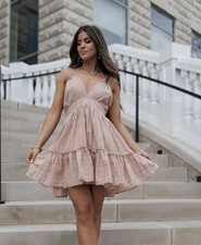 Le Lis Mini Dress S Gauze Cotton Tiered Raw Seams Babydoll Halter Open Tie Back