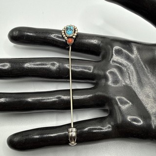 VTG Navajo Sterling Silver Turquoise & Coral Hat Pin.3.1 Grams.Artist Signed LJ?