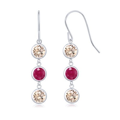 925 Sterling Silver Peach Morganite and Ruby 3 Stone French Wire Dangle