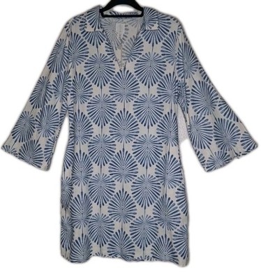 NWT Joie Linen Blend Popover Resort Dress 10 Blue Palm 3/4 Bell Sleeve Pockets 
