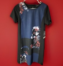 Simply Vera Wang L Floral Short Slv Navy Blue Black Shift Dress Woman Small NWT