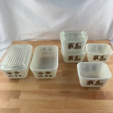 Vintage Pyrex Early American White Brown Refrigerator 9 Pieces Fridge 0501 0502
