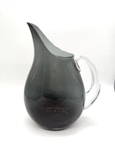 Vintage Blenko 967 Flat Sided Pitcher Charcoal Textured Seeded 12" 