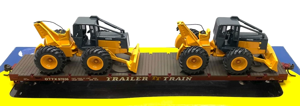 HO ATHEARN 92734 60' FLAT CAR TRAILER TRAIN TTX WITH 2 JOHN DEERE LOG SKIDDER - Image 2 of 2