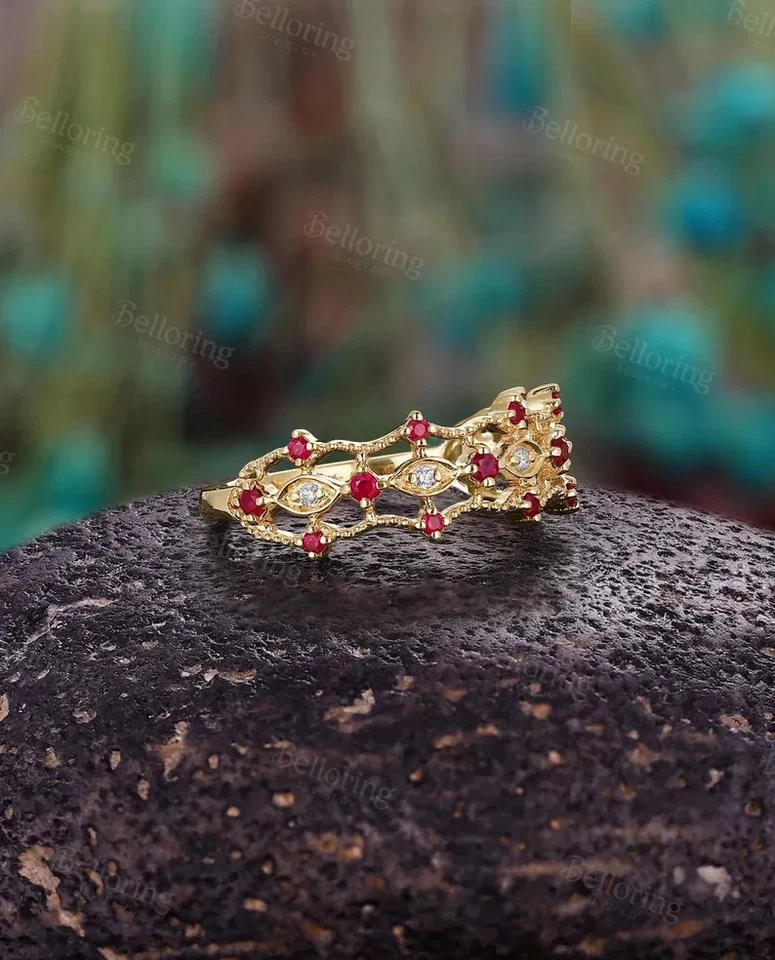 Anel de pulseira de diamante rubi vermelho simulado corte redondo 3 quilates folheado a ouro amarelo 14k prata - Imagem 4 de 4