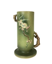 Roseville USA Green Apple Blossom Vase with Branch Handles 387-9”