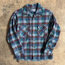Vintage 70s Pendleton Wool Board Shirt Loop Collar Flap Pocket Plaid USA Medium