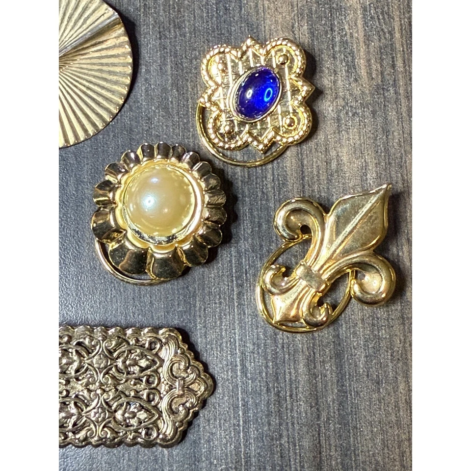 Lote de 7 pines de solapa adornados tono plata dorado vintage para bufanda Foto 2 de 4