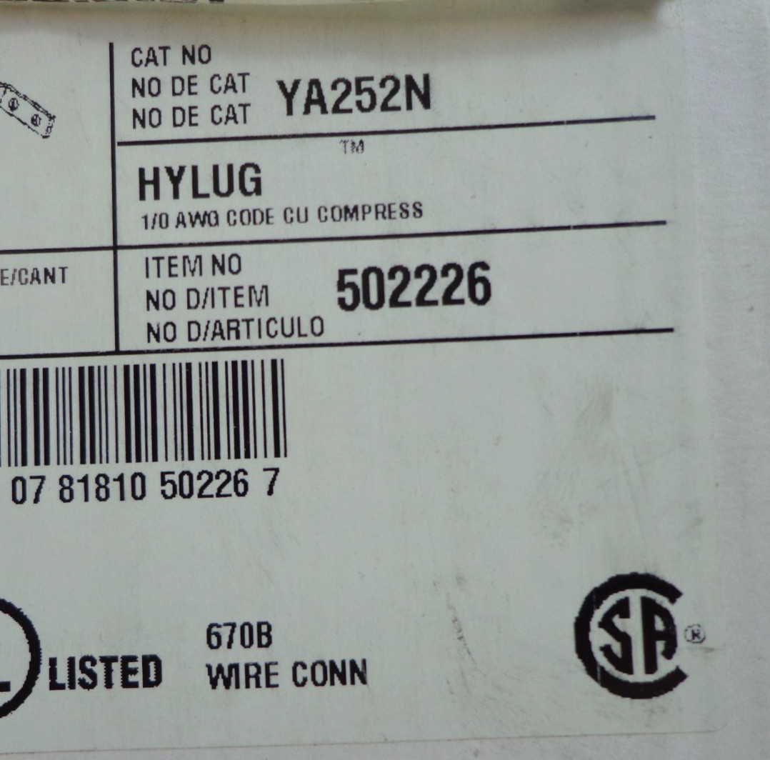 BURNDY YA25-2N 1/0 AWG COPPER 2-HOLE LONG BARREL COMPRESSION LUG, New!!