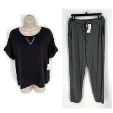 Alfani NWT 2 Pc PJ Set Sleepwear Shirt Pants Size S Black, Charcoal Heather