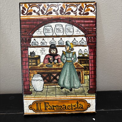 Vintage Hand Painted Ceramic Tile Italy Il Farmacista Pharmacist 7''x4.5''