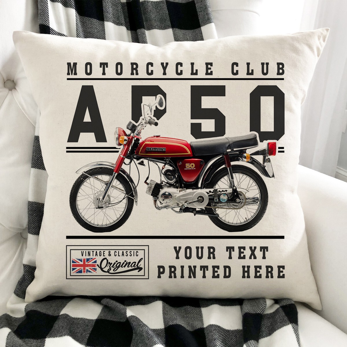 Personalised Motorbike Cushion Cover Suzuki AP50 Classic Bike Dad