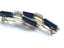 2 Vintage Art Deco Retro Rhinestone Black Celluloid Barrettes Hair Clip Goldtone