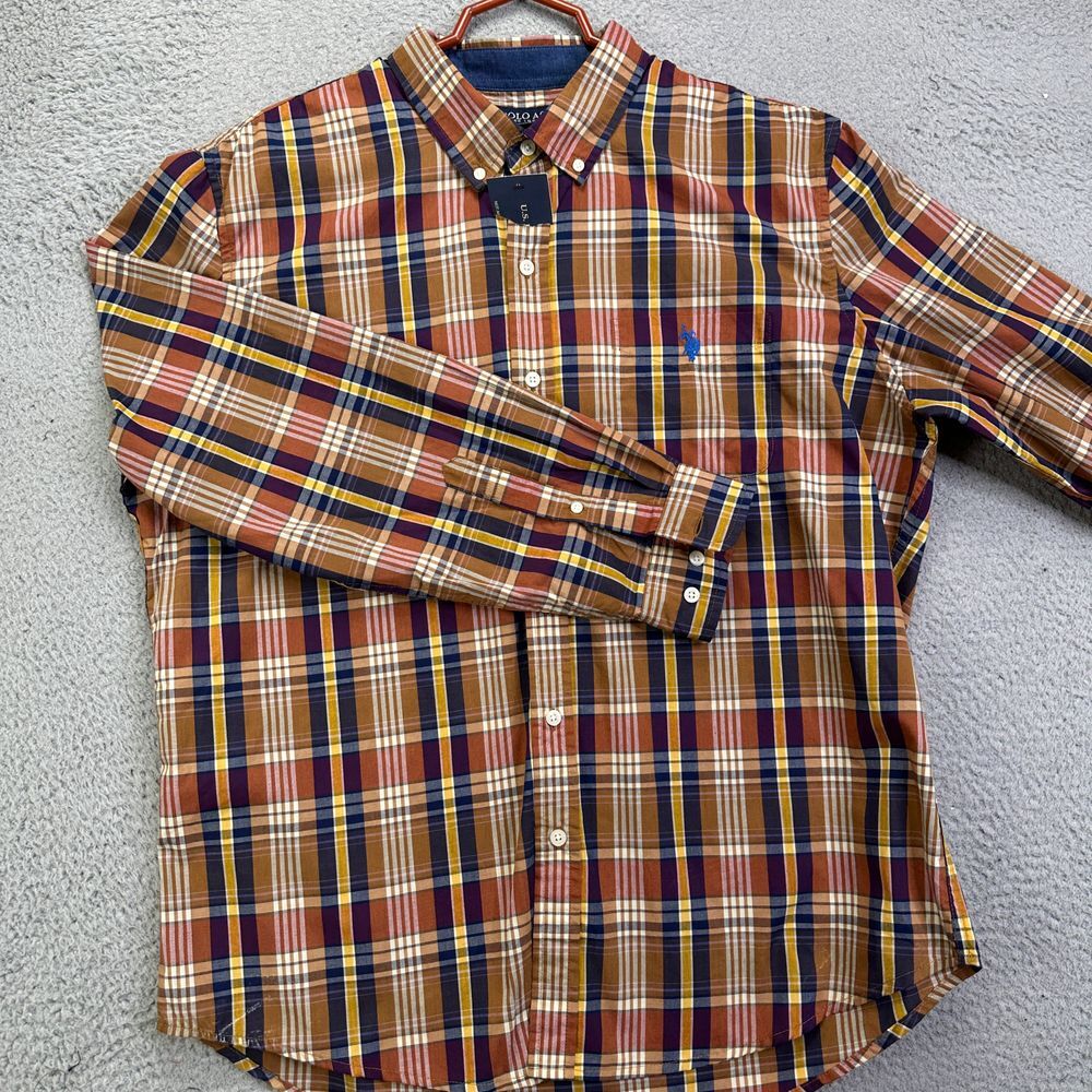 US Polo Assn. Button Down Shirt Adult XL Orange Multi Plaid Pocket Logo Mens NEW