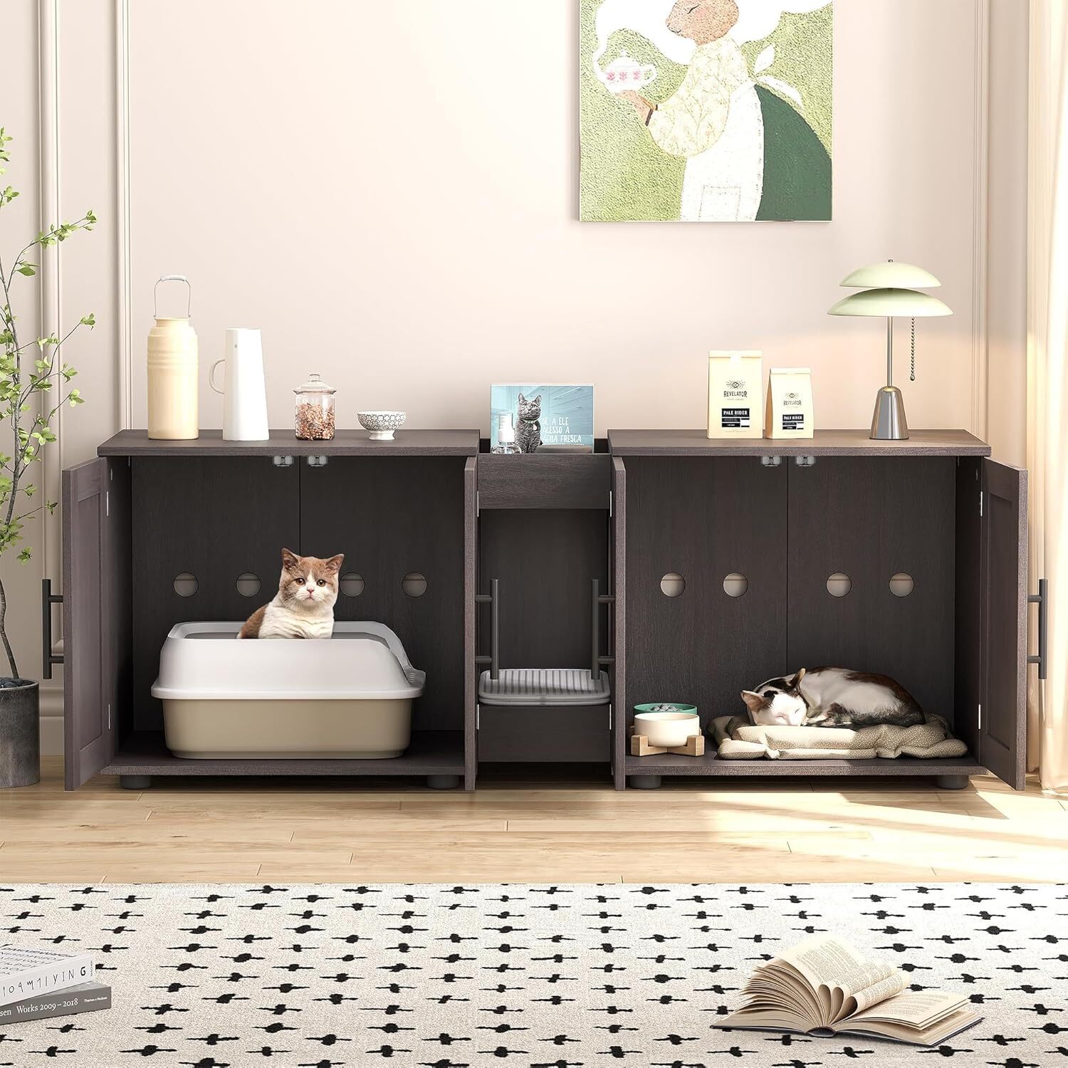 Modern Double-Room Cat Litter Box Enclosure Furniture with Integrated Functional