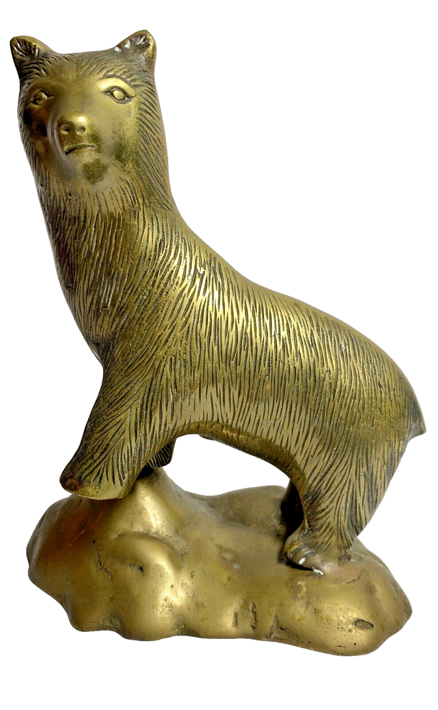 Vintage Brass Bear Standing On Rock Figurine 8” Tall