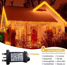57ft 200 LED Warm White Icicle Christmas Lights 8 Lighting Modes Waterproof
