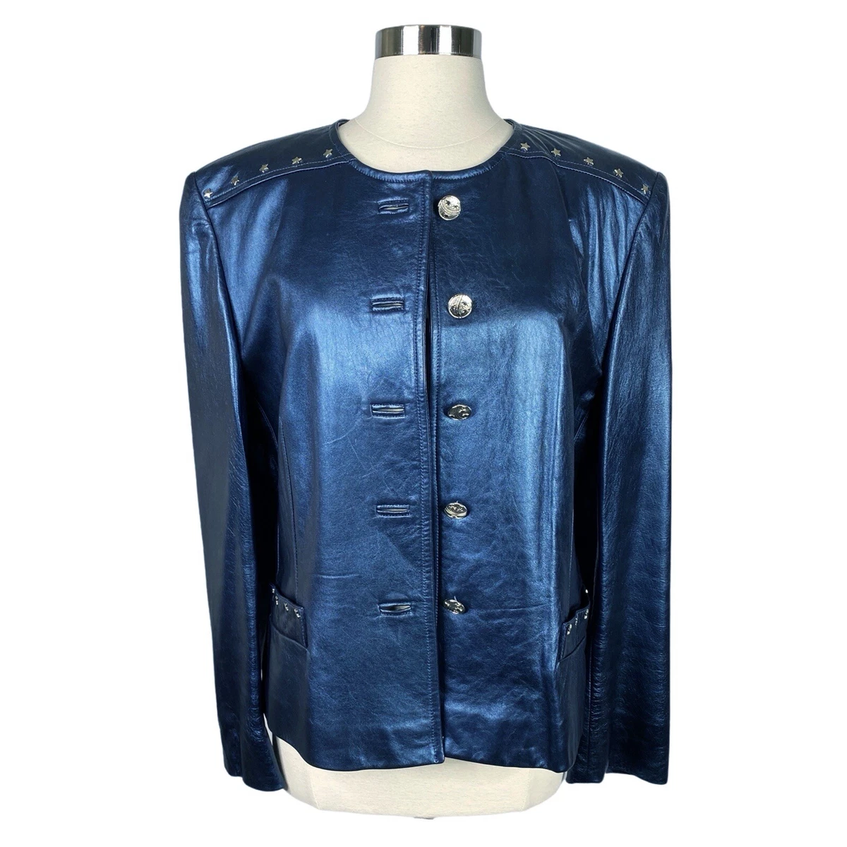 Vintage Escada Margaretha Ley Metallic Blue Leather Jacket Size 42 US 12 14 L