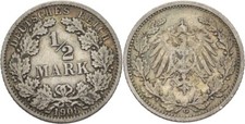 Kaiserreich 1/2 Mark 1908 G Wilhelm II.  Silber 2,8 g  Original M&uuml;nze #O91