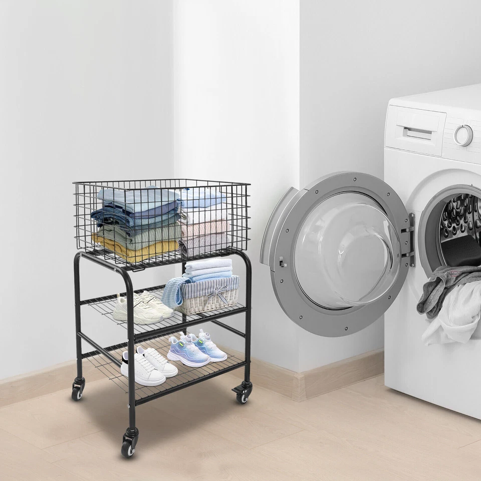 Rolling Laundry Basket, 3 Tiers-Garment Storage Cart, Garment Metal Rack US - Image 3 of 4