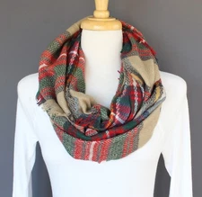 Teal Red Beige scarf plaid circle infinity endless loop long lightweight