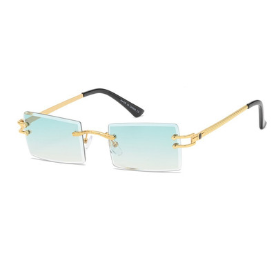 Rimless Sunglasses Green Lens Gold Accents Rectangle Fashion Shades Lentes Gafas