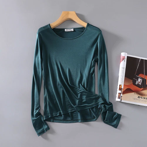 Women  Mulberry Silk Shirt Crew Neck Long Sleeve Bottoming Shirt Breathable Tops - Imagen 3 de 23