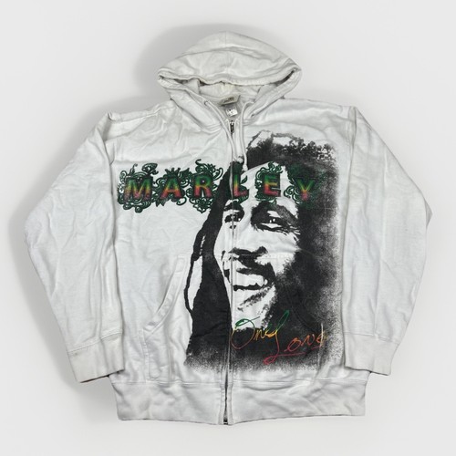 Vintage Bob Marley One Love Zip Hoodie Mens Medium White Graphic Rasta Reggae GC
