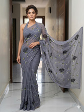 Label Mish Hand Painted Grey Chiffon Saree for women Indian Saree Grey Sari