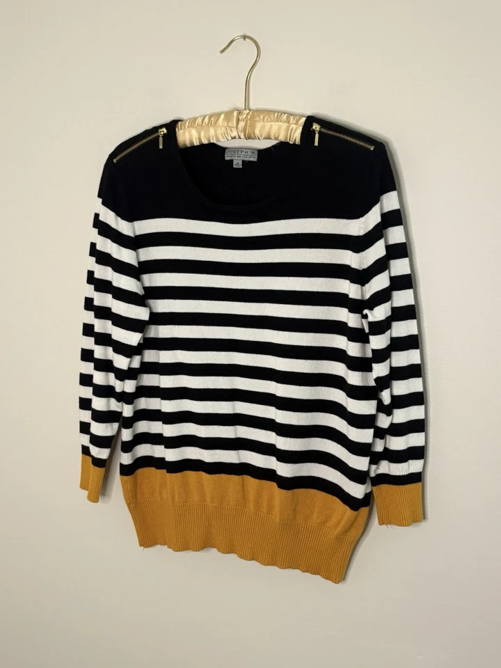 Joseph A Women Size Medium Sweater Top Black White Yellow Striped Fall Preppy A5 - Image 2 of 4