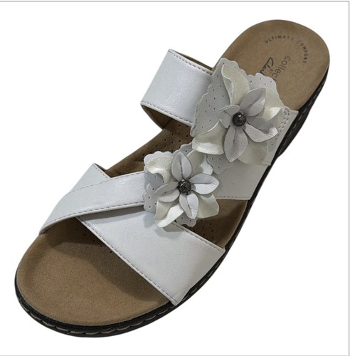 Clarks Merliah Raelyn Sandals Women 9.5M White Leather Floral Comfort Wedge New