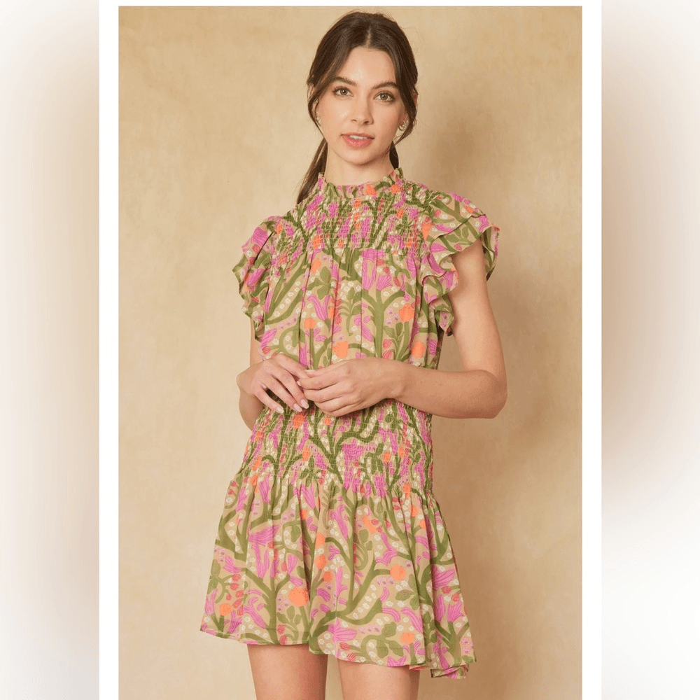 Anthropologie Entro Saturday In The Park Pink and Green Floral Mini Dress  Sz M.