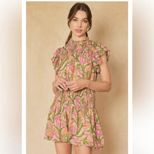 Anthropologie Entro Saturday In The Park Pink and Green Floral Mini Dress Sz M.