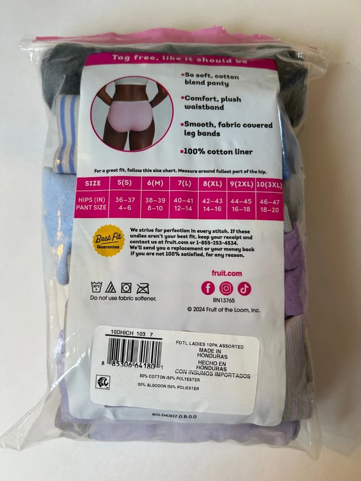 Nuevo paquete de 10 calzoncillos de corte alto de mezcla de algodón para mujer Fruit of the Loom 7/L Foto 2 de 4
