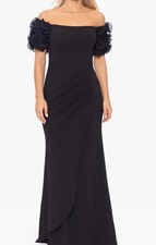 NEW XSCAPE Ashlyn Long Scuba Crepe Off the Shoulder Flower Evening Gown Black 8